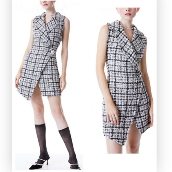 Alice + Olivia Meri Collared Black White Tweed Mini Dress size 2 $495 - Picture 1 of 6